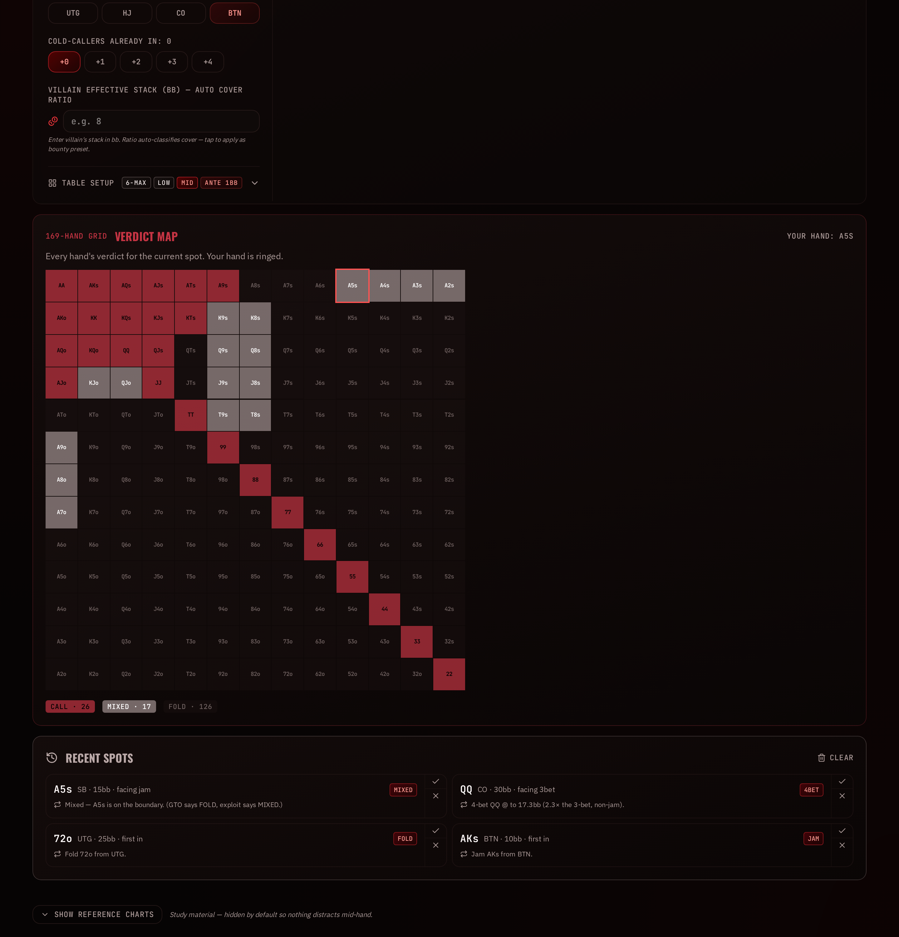 Preflop Pro screenshot: 169-hand verdict map